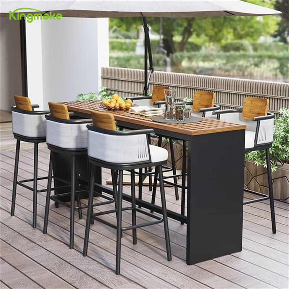 Modern Black Aluminum Bar Sets With 6 Stools Hotel Teak Outdoor Bar Chaise De Bar Furniture