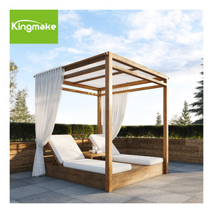 High End Teak wood material Square shape Hotel daybed with Canopy Beach Cabana Outdoor Daybed Teak With Curtain Cushion