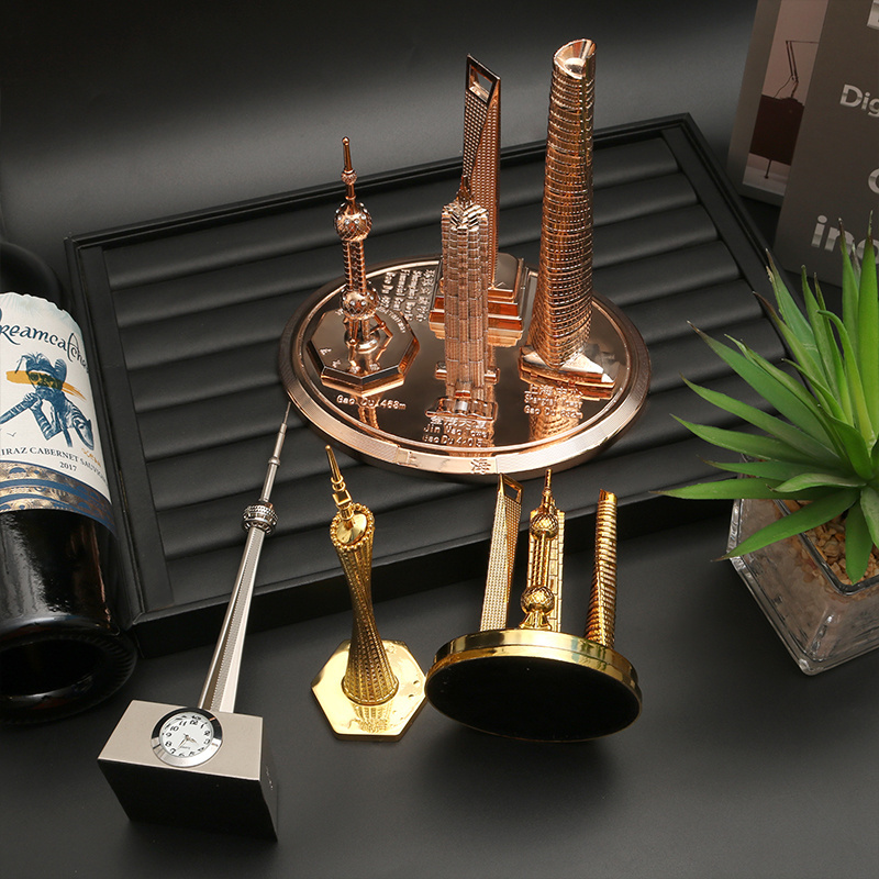 Custom Luxury 3D Antique Brass Metal Twin Towers Oman Architectural Model with Logo Art Sword Medal for Tourist Souvenirs