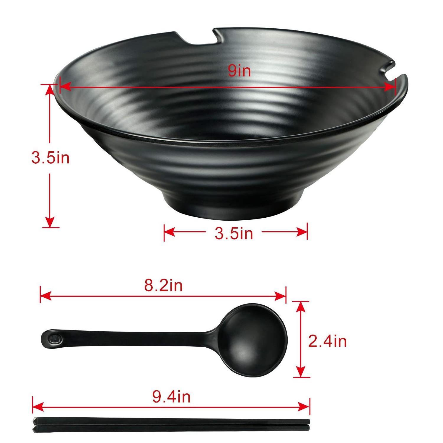 37OZ Food Safety  japanese 9 inch black noodle bowl melamine ramen bowl with chopstick and spoon