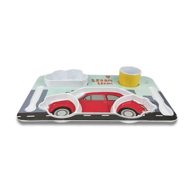 My own printing melamine cartoon bus shaped kids plate with holder