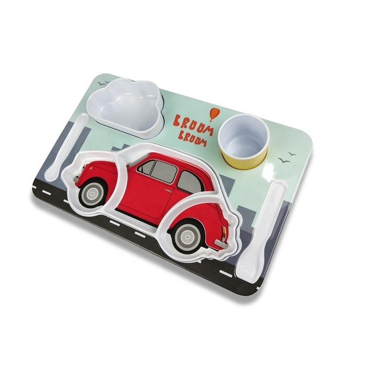 My own printing melamine cartoon bus shaped kids plate with holder