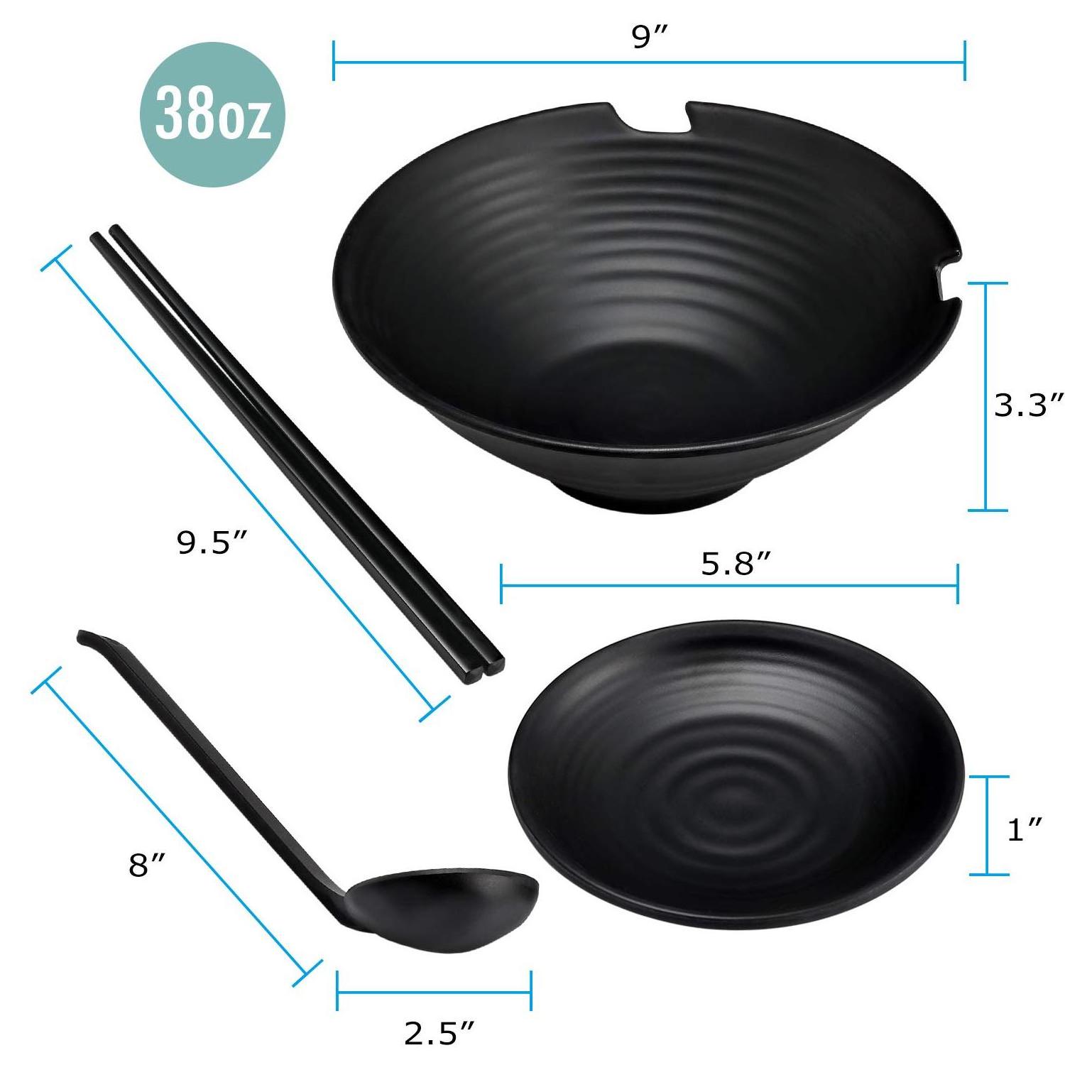 37OZ Food Safety  japanese 9 inch black noodle bowl melamine ramen bowl with chopstick and spoon