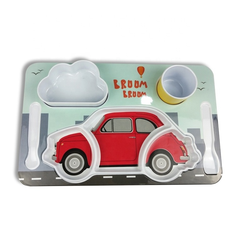 My own printing melamine cartoon bus shaped kids plate with holder