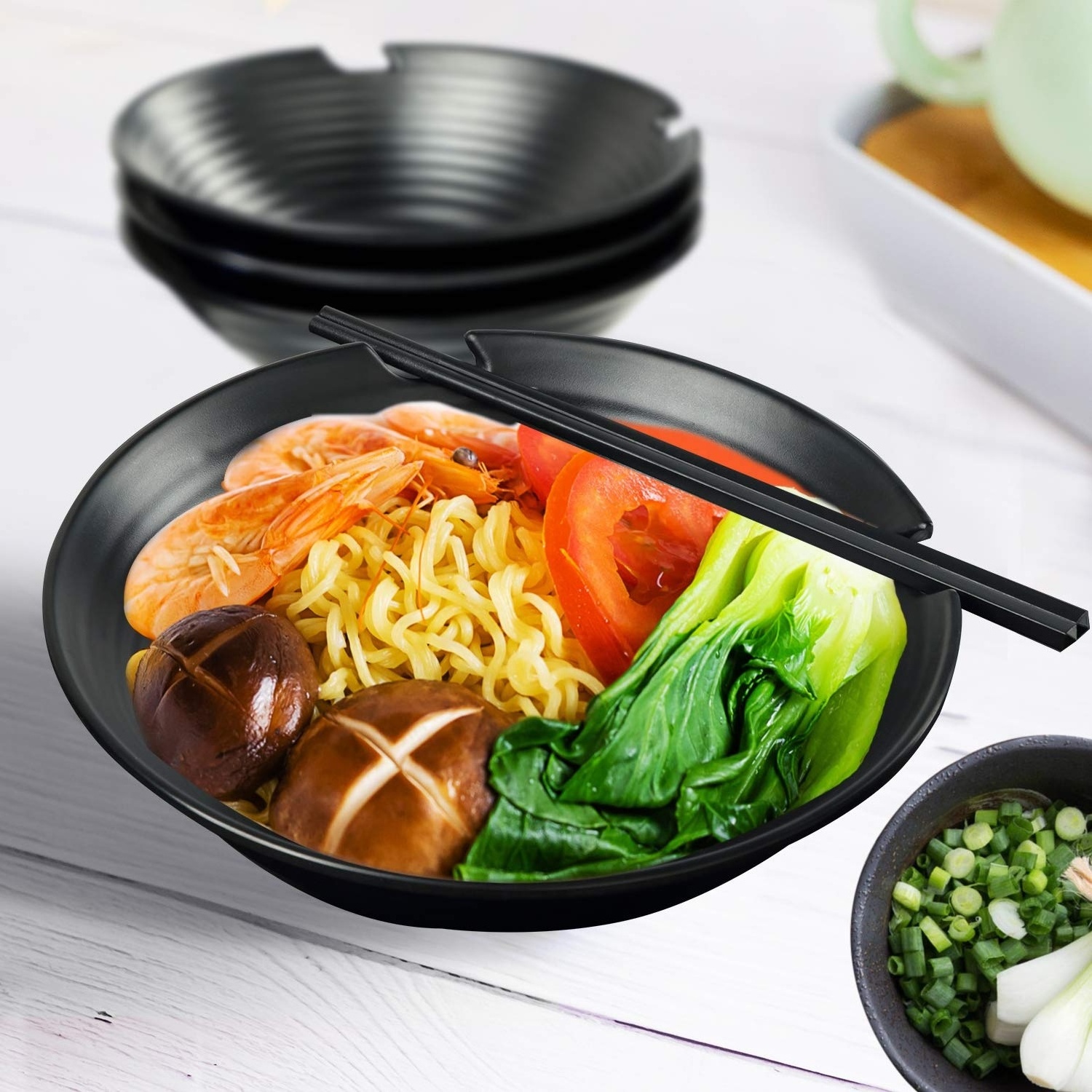 37OZ Food Safety  japanese 9 inch black noodle bowl melamine ramen bowl with chopstick and spoon