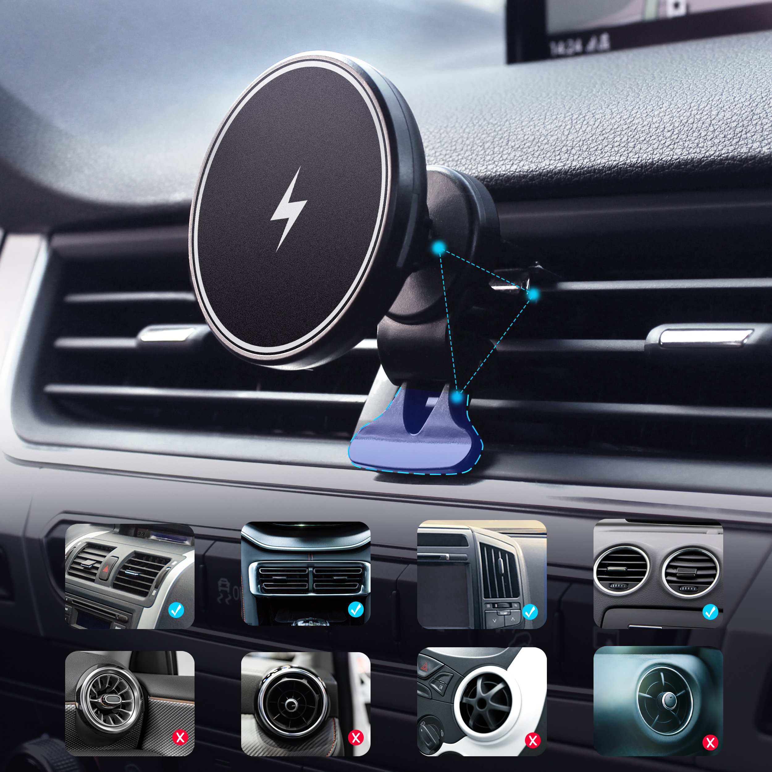 Newest Car Magnetic Wireless Charging 360 Rotating Mount Air Vent Magnet Phone Holder Fast Wireless Car Charger 15W