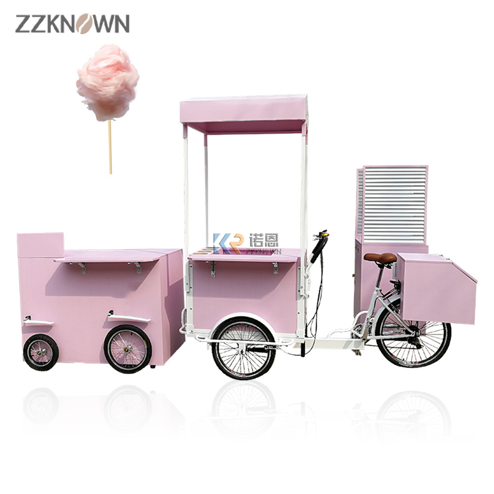 2024 Pink Marshmallows Mobile Sweets Carts Street Garden Cart Food Delivery Bike Ice Cream Trailer with Cotton Candy Machine