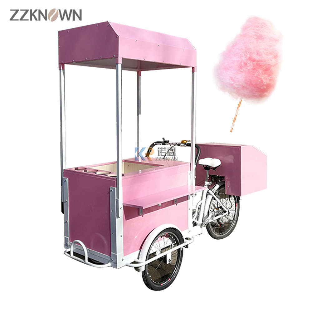 2024 Pink Marshmallows Mobile Sweets Carts Street Garden Cart Food Delivery Bike Ice Cream Trailer with Cotton Candy Machine