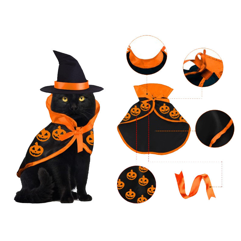 Halloween Cat Costume Cloak Witch Hat Pet Accessories Halloween Adjustable Pumpkin Pet Costume Clothes Set