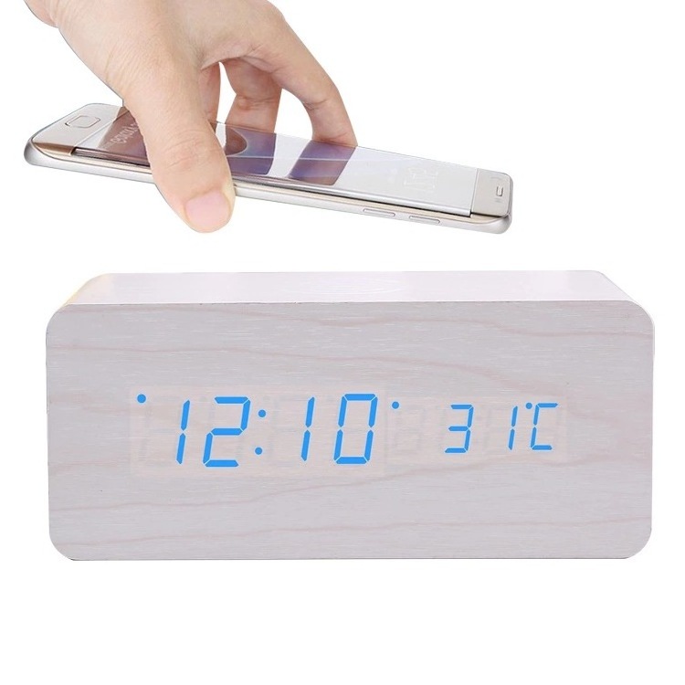 Alarm Clock Smart LED Digital Clock with Wireless Charging  Time Adjustable Brightness Voice Control Humidity Displaying