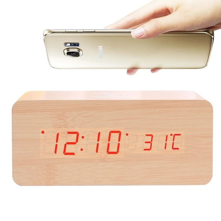 Alarm Clock Smart LED Digital Clock with Wireless Charging  Time Adjustable Brightness Voice Control Humidity Displaying