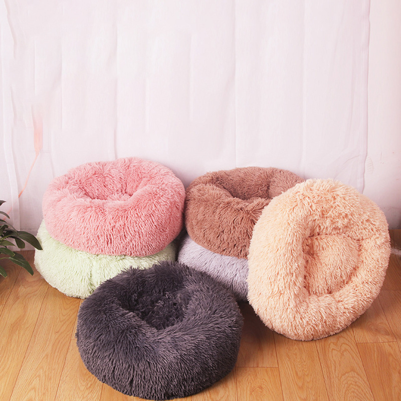 Pet Dog Nest Bed Cat Calming Bed Faux Fur Pillow Pet Donut Cuddler Round Plush Bed Luxury For Indoor