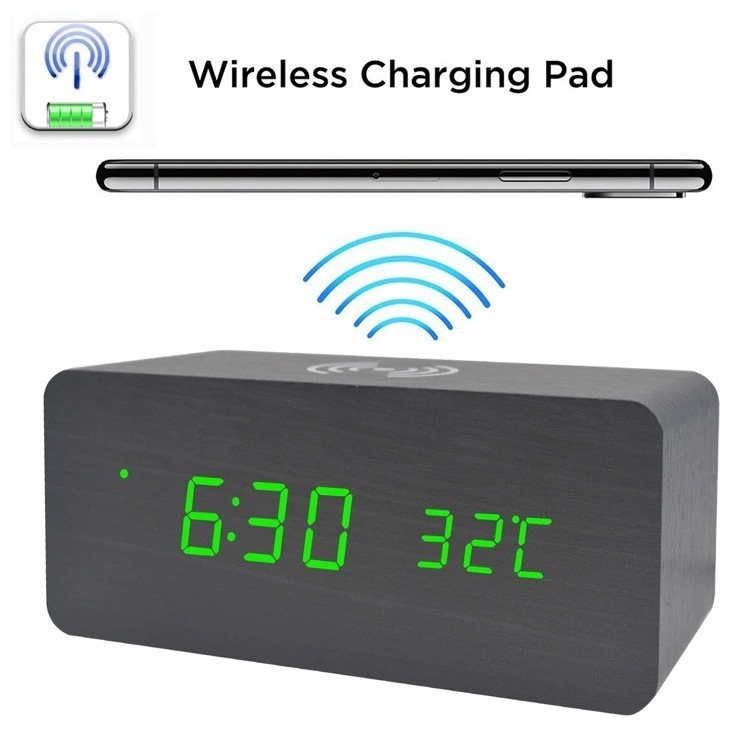 Alarm Clock Smart LED Digital Clock with Wireless Charging  Time Adjustable Brightness Voice Control Humidity Displaying