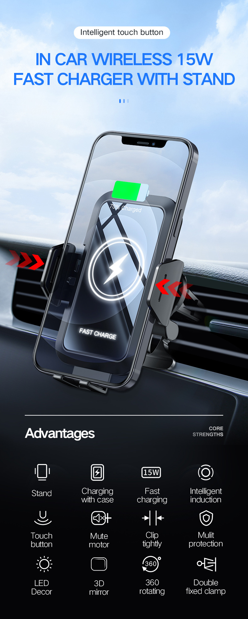 3 In 1 Qi Wireless Car Charger S21 S20 10w Fast Wireless Charger Car Mount Mobile Phone Holder