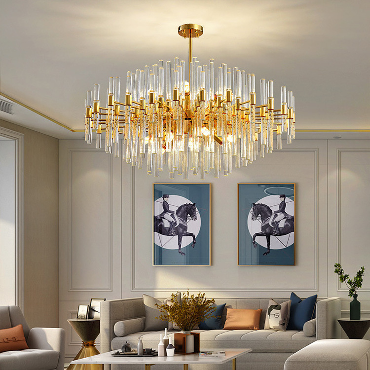 Post Modern Luxury Living Room Dining Room Single Layer Chandelier Classic Indoor Transparent Glass Tube Crystal Pendant Light