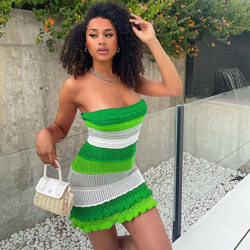 2024 Summer Beach Wear Sets Colorblock Strpped Knitted Mini Skirts Sweater Crochet Tube Dress Knit Women Elegant Mini Dresses