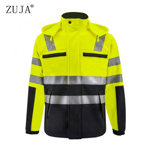 ZUJA High Visibility Green Work Waterproof Reflective Tape Light Men Safety Softshell Winter Jacket