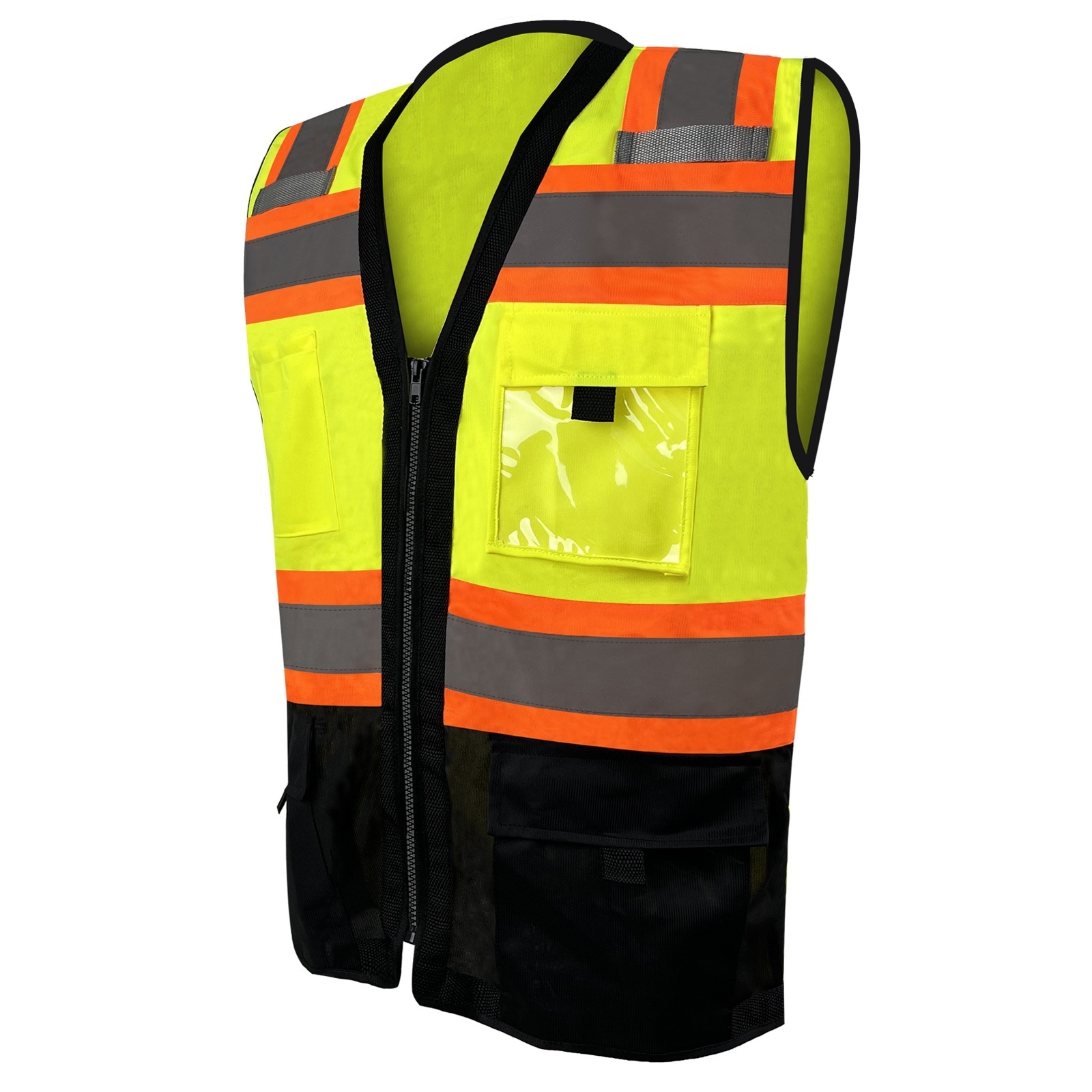 Custom Men Knitted Hi Vis Reflective Vest Jacket Workwear Sonstruction Clothing Safety Work Reflective Vest with Pockets Logo