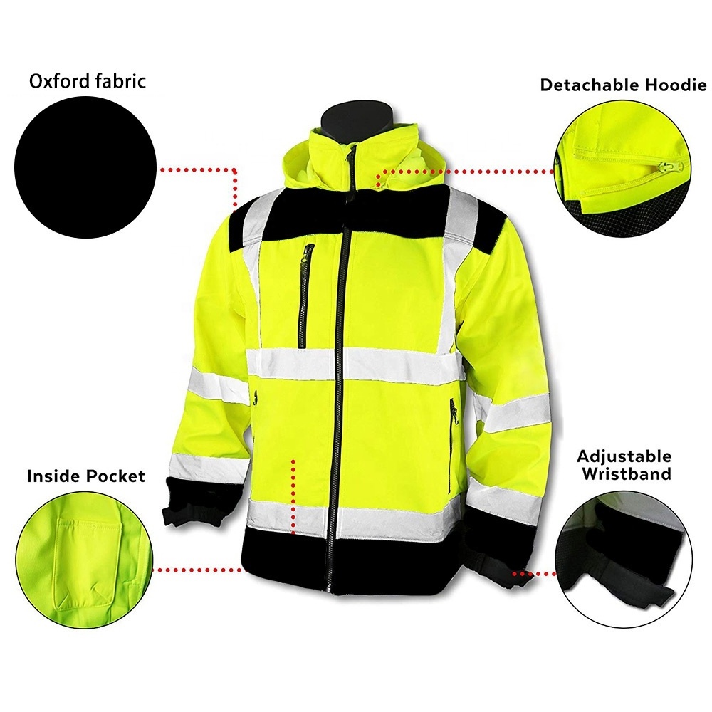 ZUJA Detachable Hood  3 in 1 Waterproof Safety Jacket Reflective Soft Shell Hivis Safety Jacket With Multifunctional Pockets