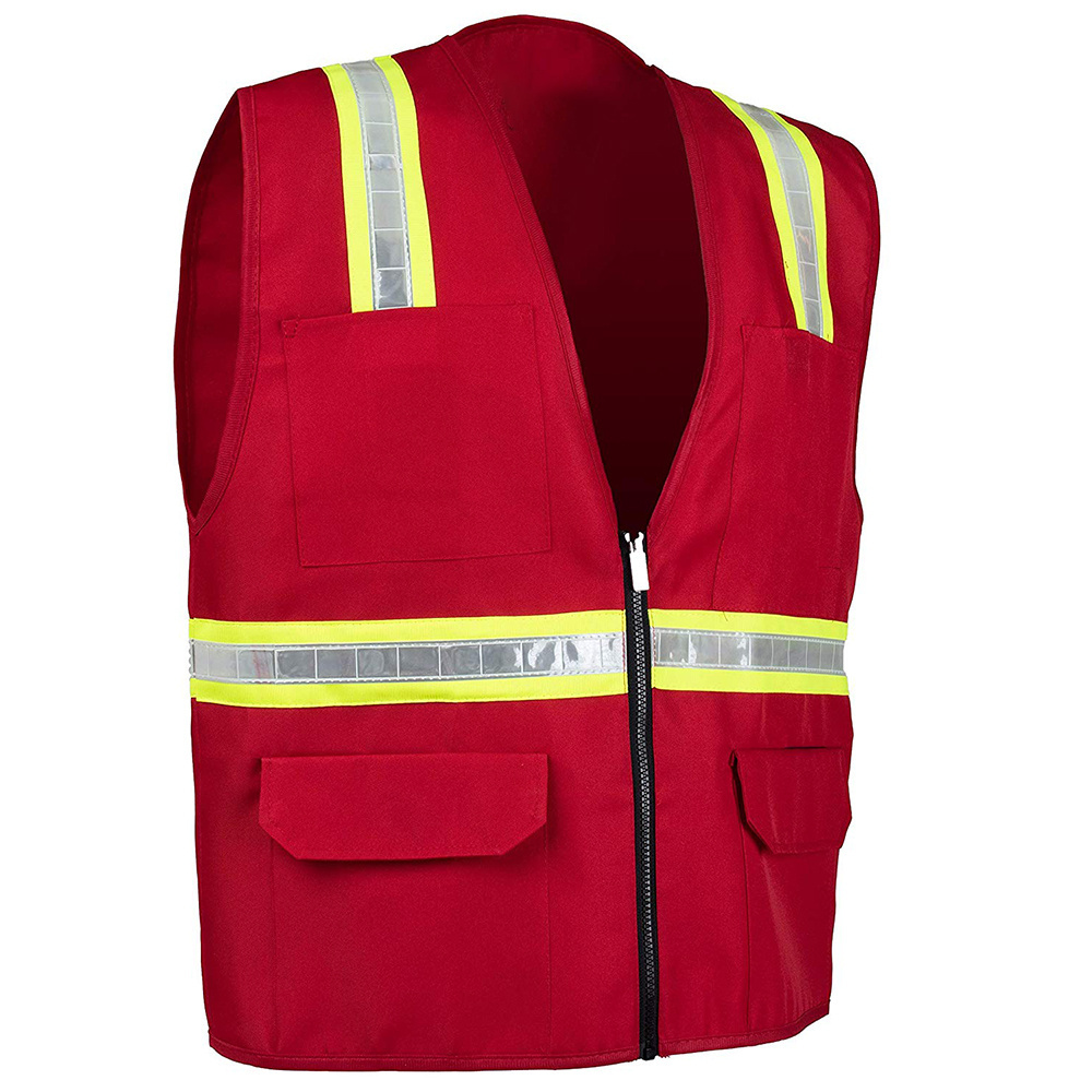 ZUJA Factory Depot Twill Safety Red Reflective Vest With Pockets