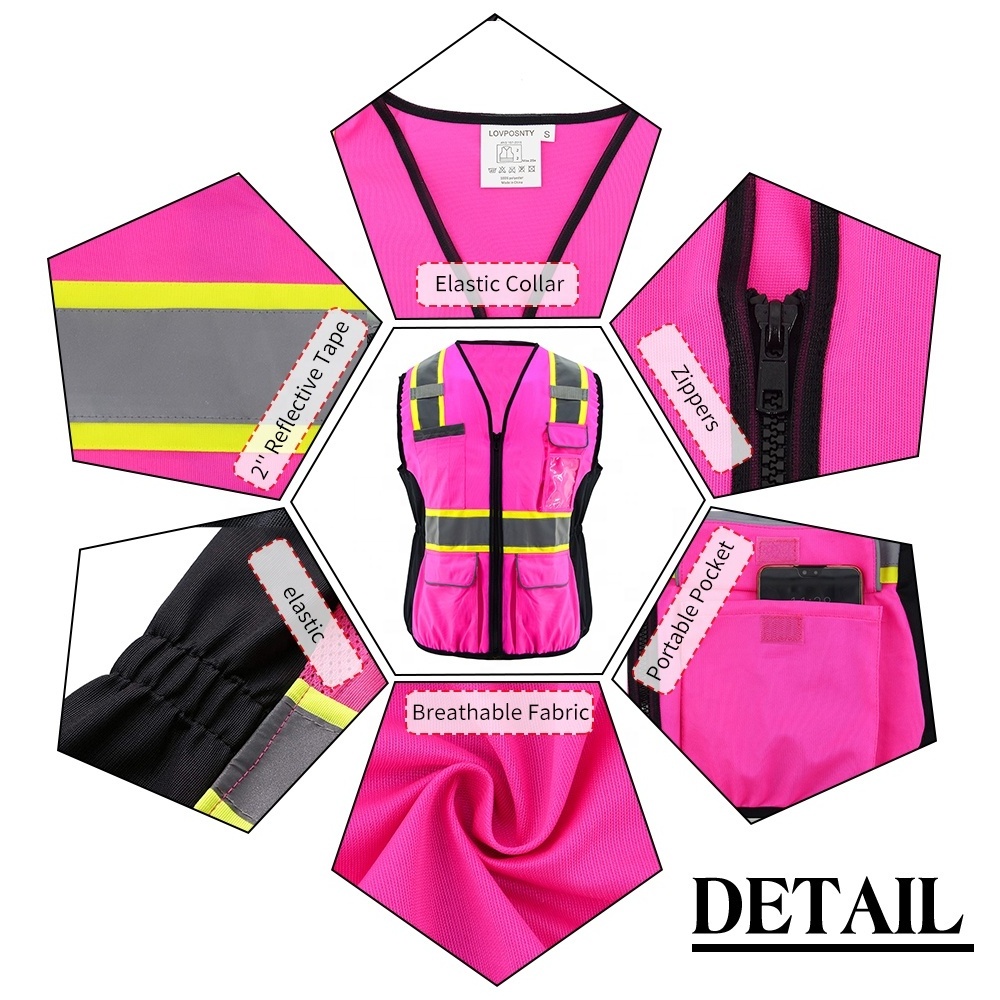 ZUJA Pockets Mesh Hi Vis Vest with Pockets for Women Pink