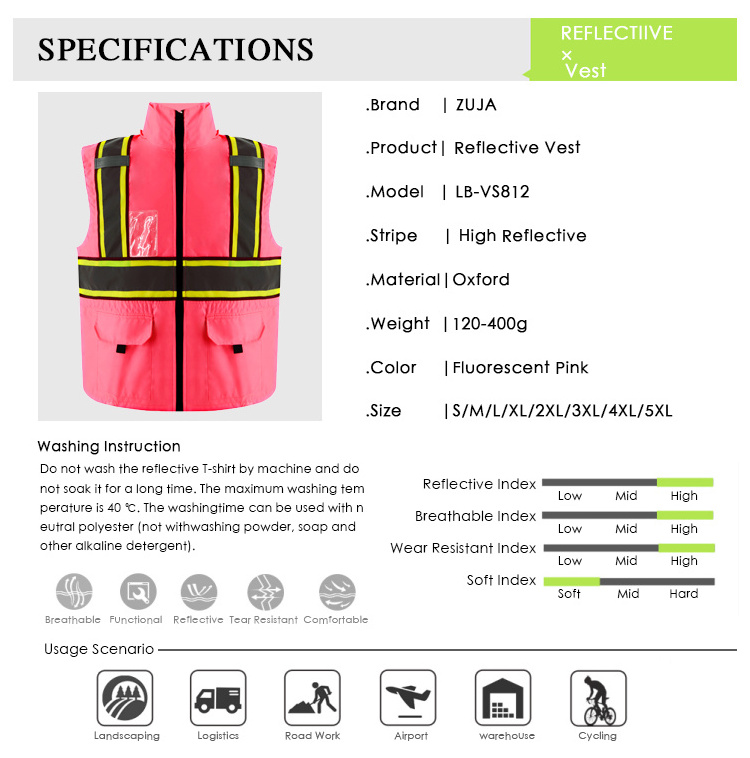 ZUJA Workwear Pink Oxford  Safety Reflective Vest for Woman