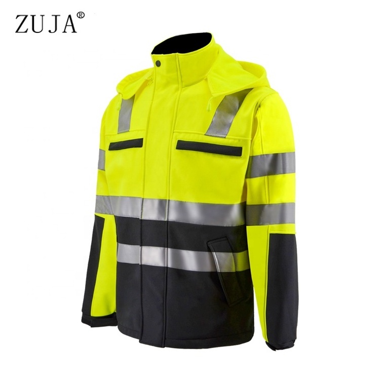 ZUJA High Visibility Green Work Waterproof Reflective Tape Light Men Safety Softshell Winter Jacket