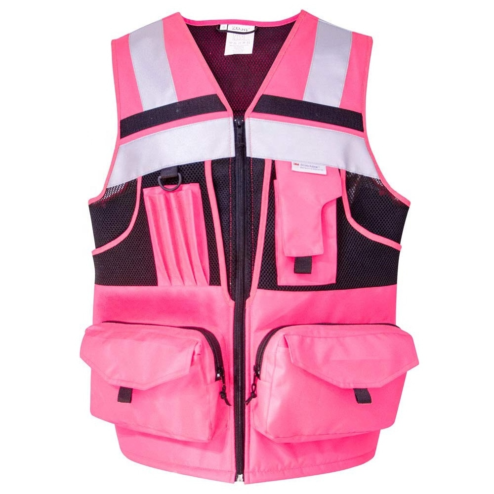 ZUJA Wholesale Zipper Multi Pockets Reflective Tape Safety Vest Breathable Mesh Design Oxford Fabric Safety Vest