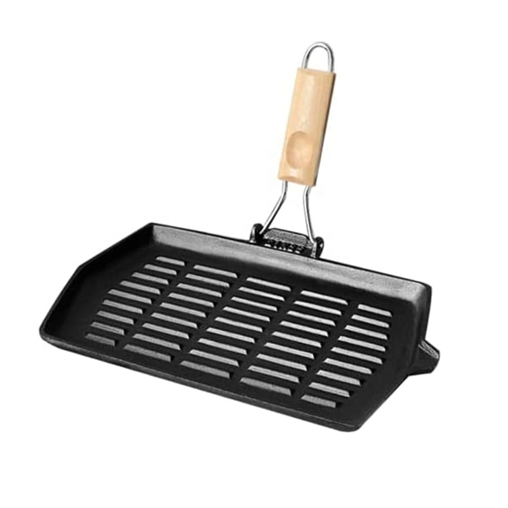 Pre-seasoned Cast Iron Grill Pan With Removable Folding Handle 3pcs set