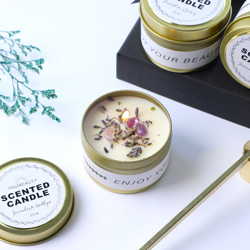 Wholesale Custom label Tin Jar candle Luxury Vegan Dried Flowers Scented Gemstones candle with crystal