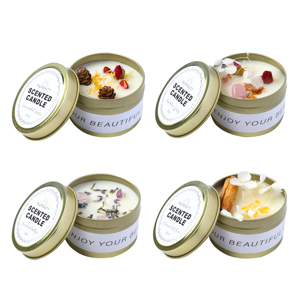 Wholesale Custom label Tin Jar candle Luxury Vegan Dried Flowers Scented Gemstones candle with crystal