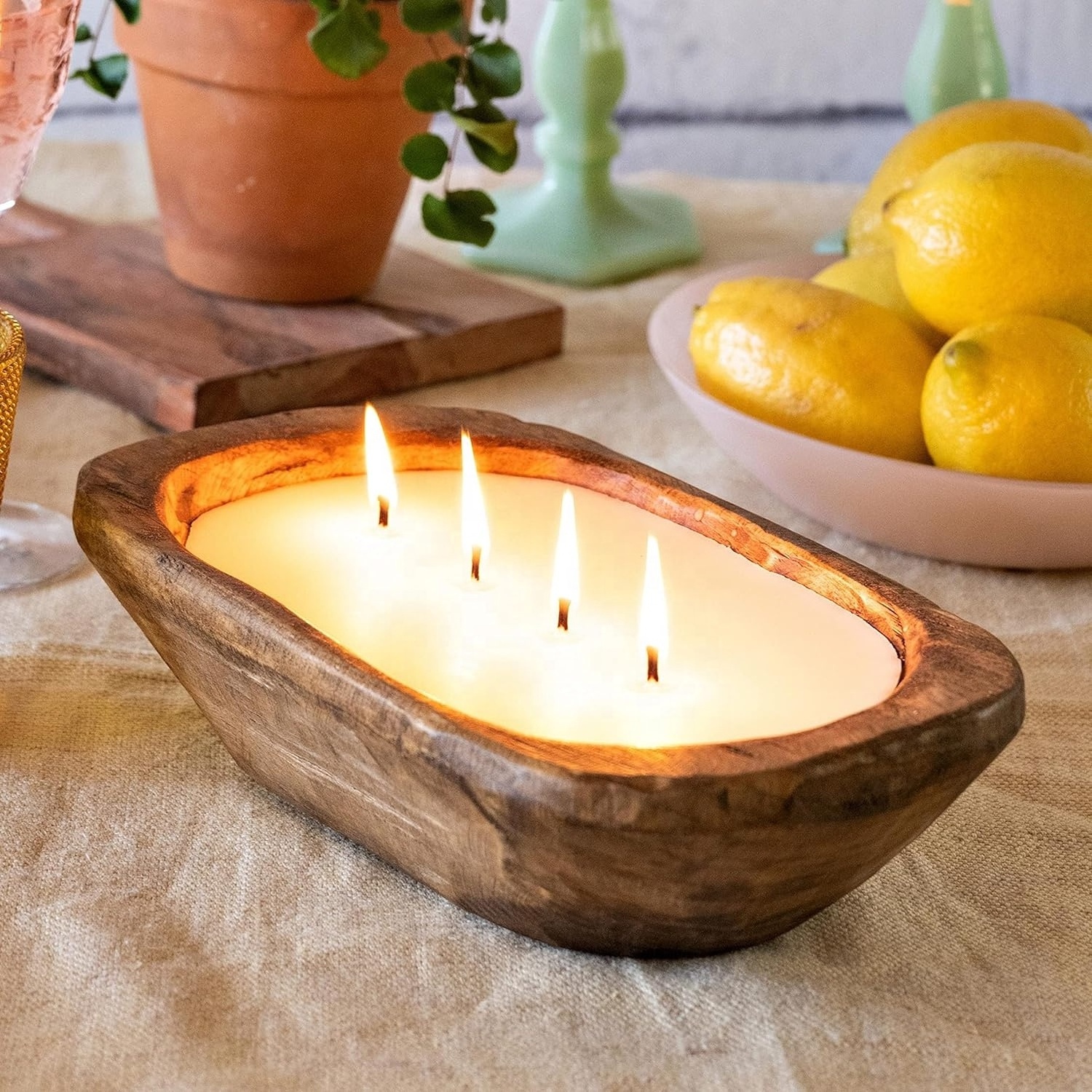 Wholesale Novelty Wooden Dough Bowl Wedding Present Candle Natural Soy Wax Luxury Aromatherapy Wood Dough Bowl Candles