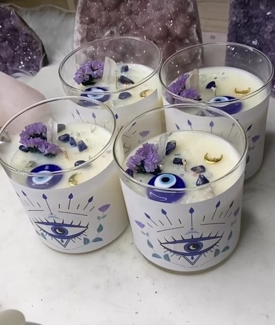 Hot Sale Custom Fragrance Scented Candle Soy Wax Spell Candle Healing Spiritual Evil Eye Crystal Luxury Pillar Aromatherapy