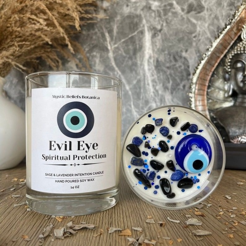 Hot Sale Custom Fragrance Scented Candle Soy Wax Spell Candle Healing Spiritual Evil Eye Crystal Luxury Pillar Aromatherapy