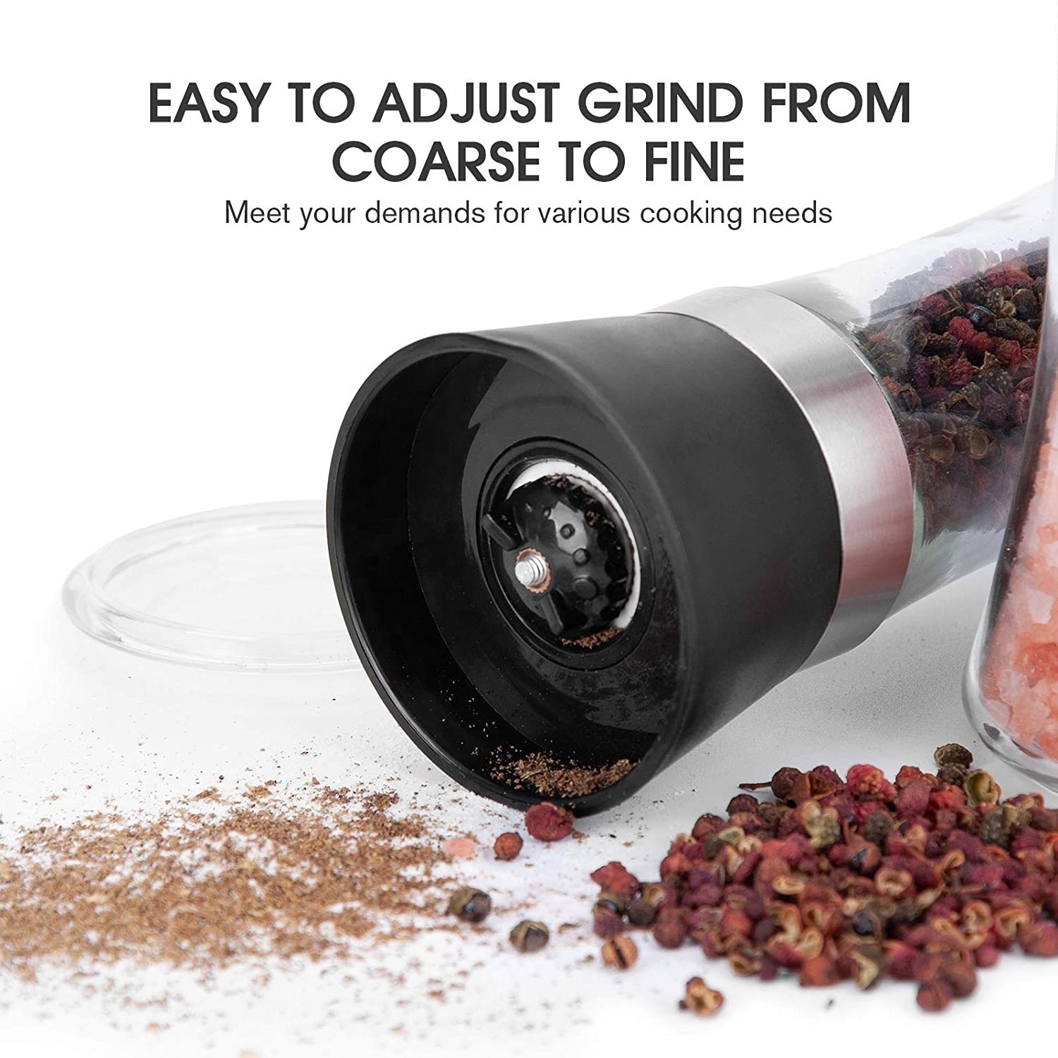 Stainless Steel Pepper Grinder Adjustable Coarseness Ceramic Spice Mill with Glass Salt Shaker