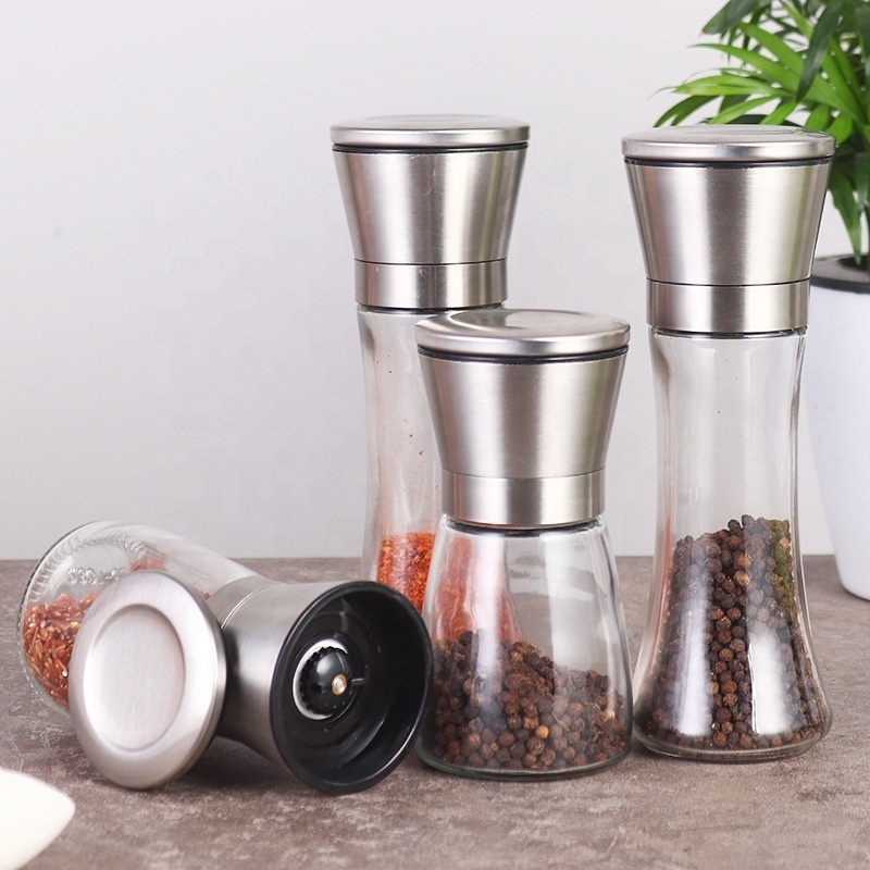 Stainless steel Adjustable Ceramic Core Chili manual salt and Pepper Grinder Spice mills with 170ml Glass bottle