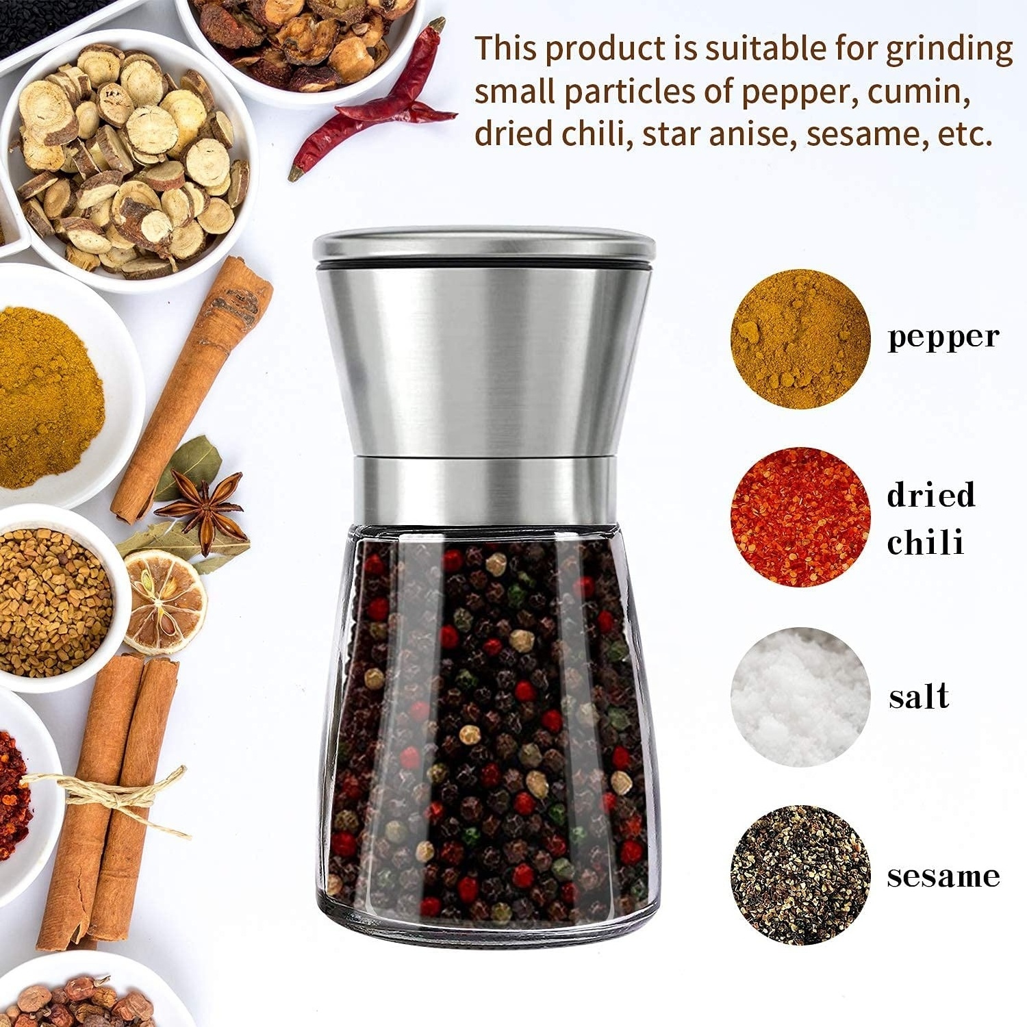 Stainless steel Adjustable Ceramic Core Chili manual salt and Pepper Grinder Spice mills with 170ml Glass bottle