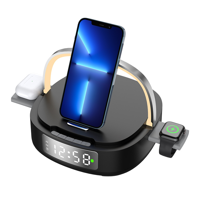 New style desk Multi-function 5 in 1 clock led light  Wireless Charger  for mobile phone watch earphone charging phone holder