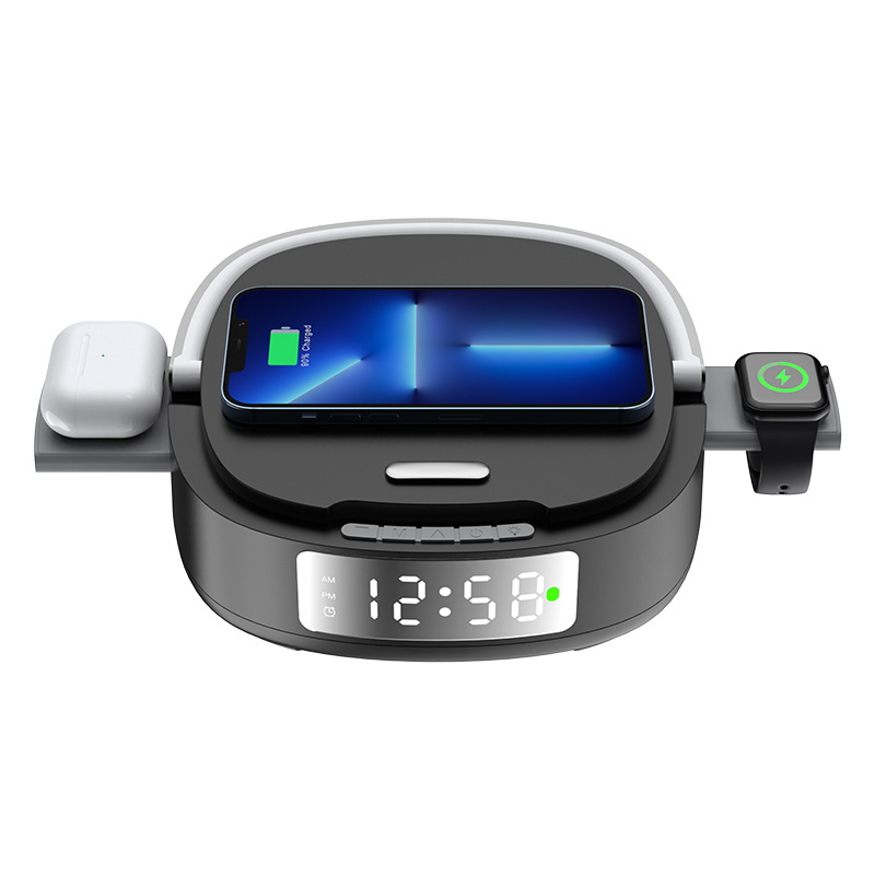 New style desk Multi-function 5 in 1 clock led light  Wireless Charger  for mobile phone watch earphone charging phone holder