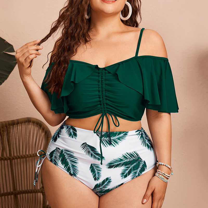 Wholesale OEM Ruffled Two Pieces Print Swimwear For Chubby Women Drawstring xxxxl Plus Size Swimwear