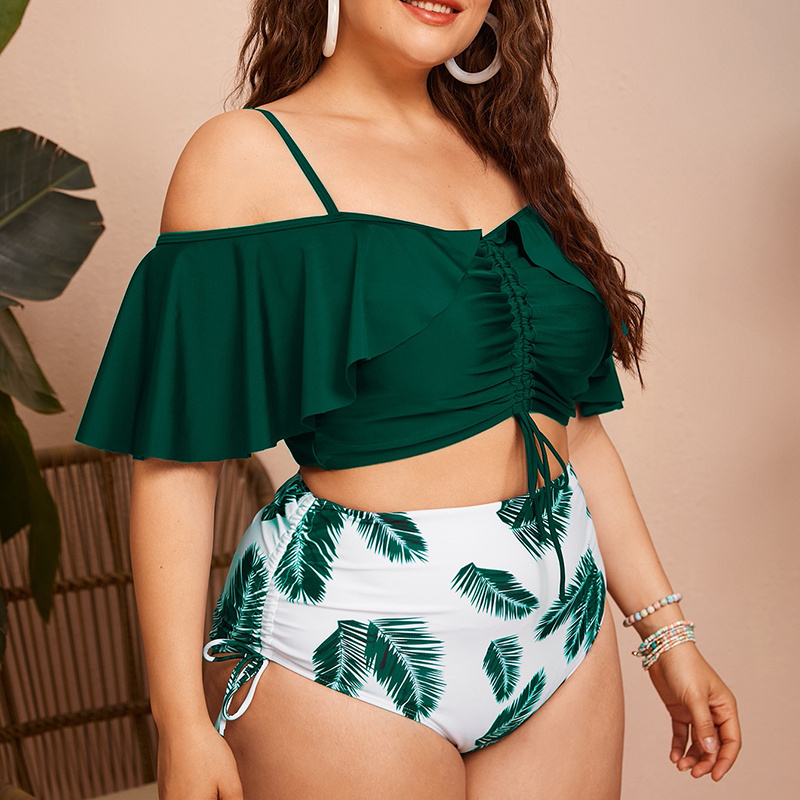 Wholesale OEM Ruffled Two Pieces Print Swimwear For Chubby Women Drawstring xxxxl Plus Size Swimwear