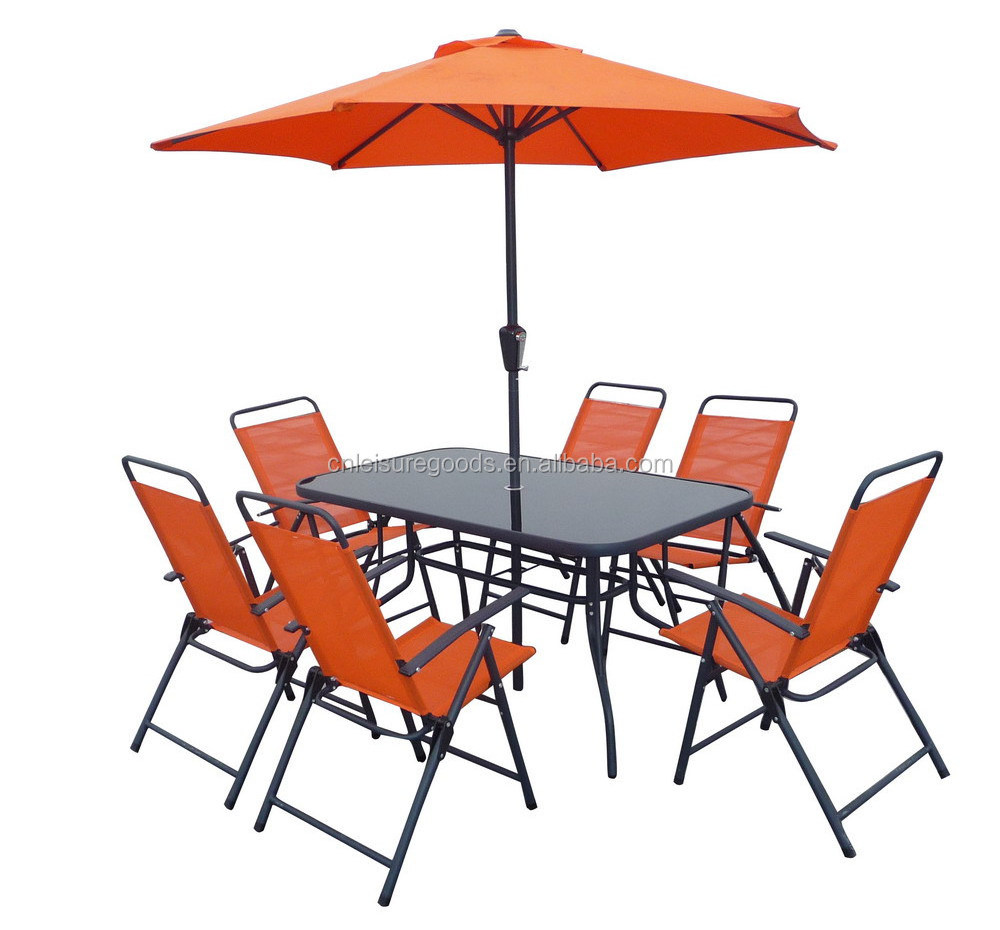 Uplion 6 seats folding steel outdoor garden furniture set patio dining table and chair with umbrella set