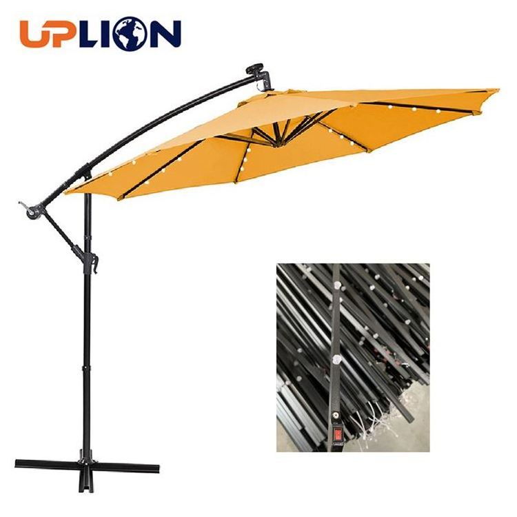 Uplion 3 Meters Large Commercial Garden Parasols With Solar Led Light Sun Umbrella Waterproof Outdoor Pool Banana Umbrella