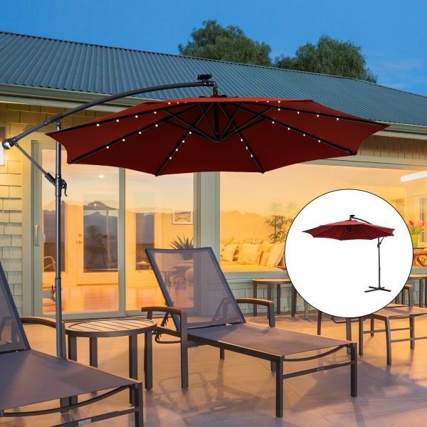 Uplion 3 Meters Large Commercial Garden Parasols With Solar Led Light Sun Umbrella Waterproof Outdoor Pool Banana Umbrella