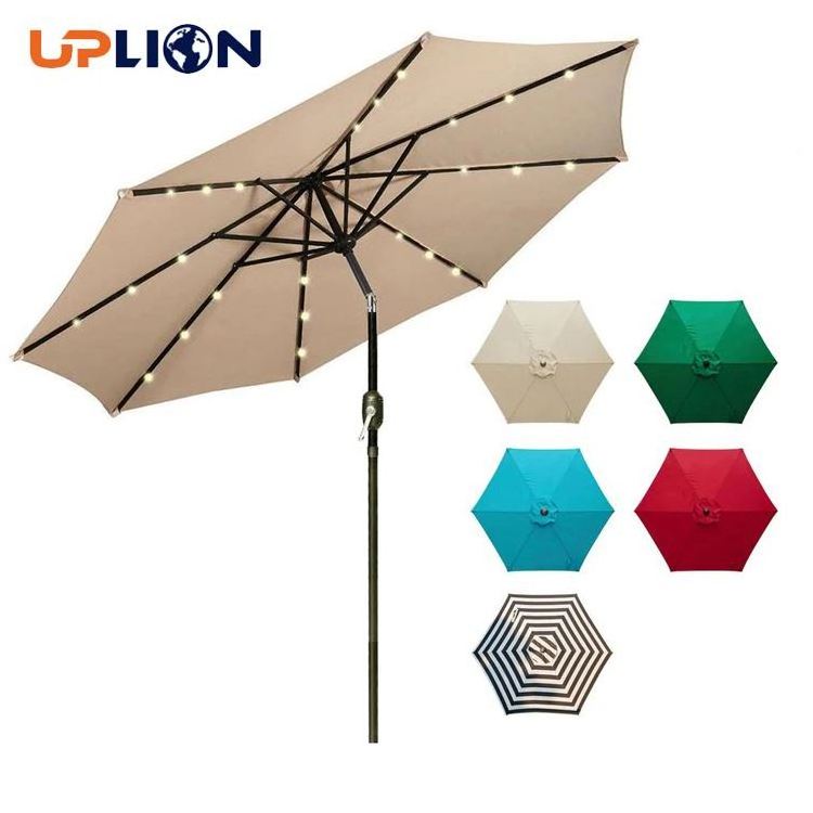 Uplion 10 Ft Beige Solar Powered Led Centre Pole Umbrellas For Restaurant Sun Patio Garden Parasols