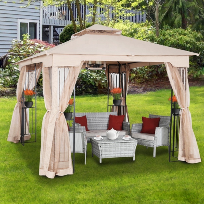 Uplion 10x10 Backyard Deck Patios Shade Rain protect outdoor metal Canopy with Corner Shelves pergola Mosquito Netting gazebo