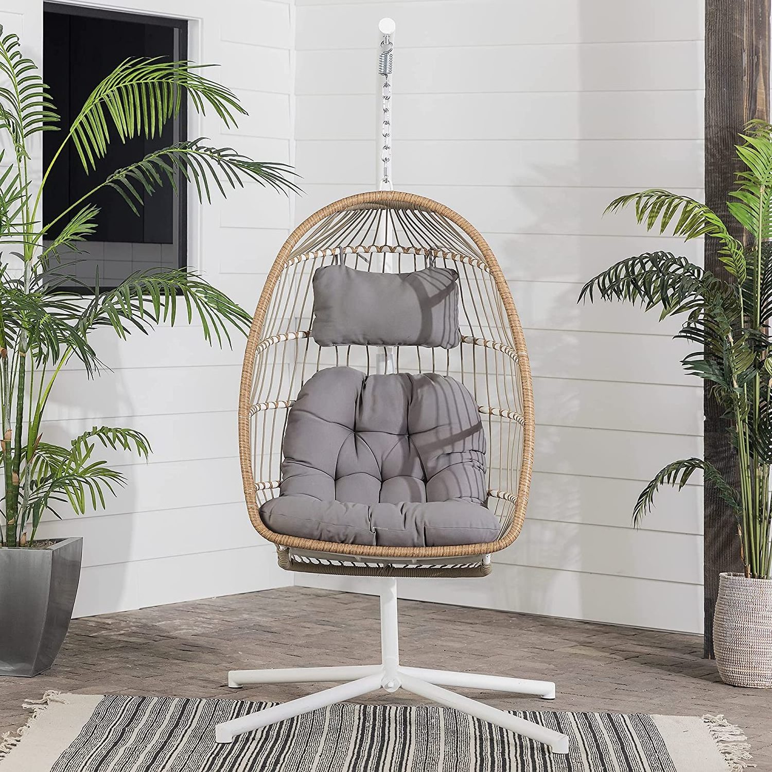 Uplion Outdoor Foldable Patio Swing Hanging Chair with Stand  Rattan Hanging Egg Swing Chair