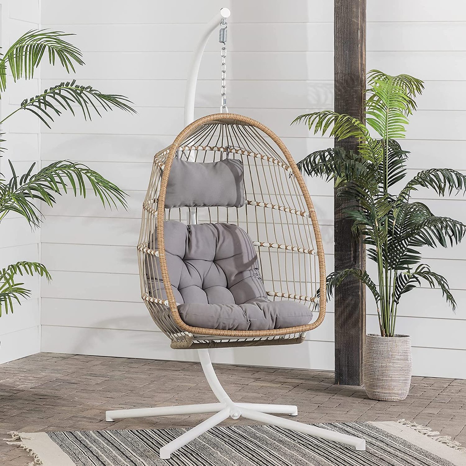 Uplion Outdoor Foldable Patio Swing Hanging Chair with Stand  Rattan Hanging Egg Swing Chair