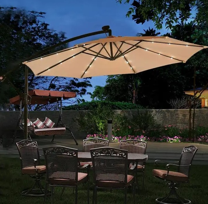 Uplion Patio Side Parasol with LED 3.5m*6k Foldable Garden Umbrella Outdoor Market Umbrella with solar light LED strap