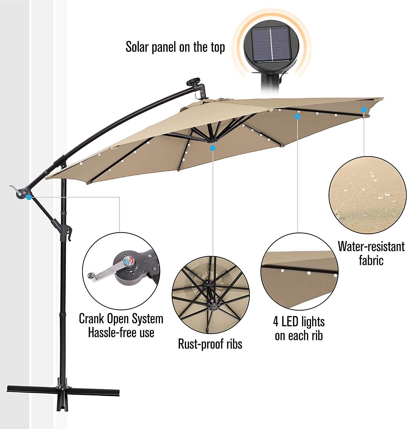 Uplion Garden Sunshade Cantilever Led Umbrella Outdoor Solar LED Light Parasol Patio Umbrellas